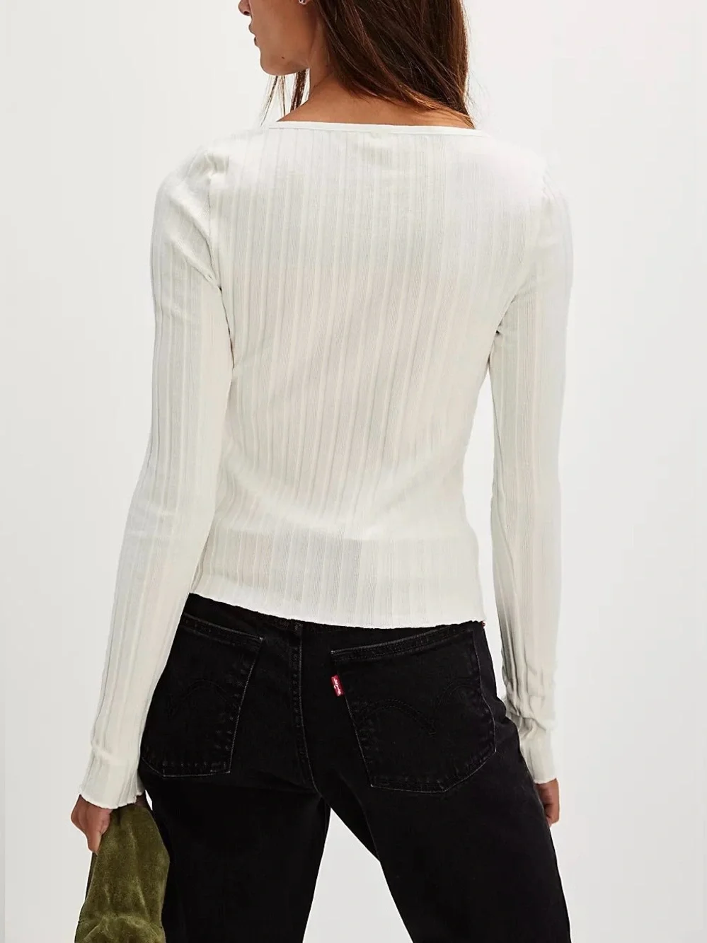 Free People Cream Ribbed Button-Front Long Sleeve Tee